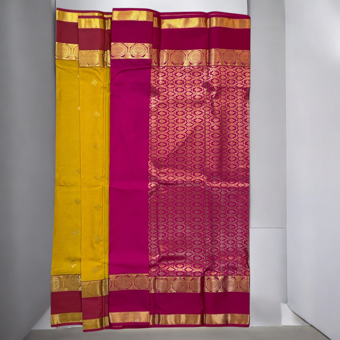 SOFT SILK SAREE – YELLOW WITH PINK RETTAPETTA BORDER & INTRICATE BUTTA DESIGN