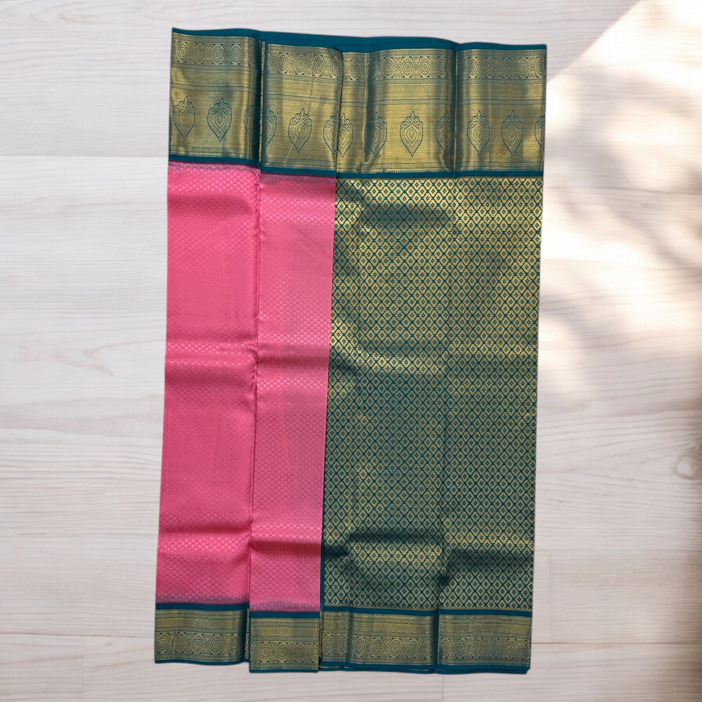 PURE SILK MARK SAREE WITH PARSENCIAN GREEN & GOLDEN BIG BORDER