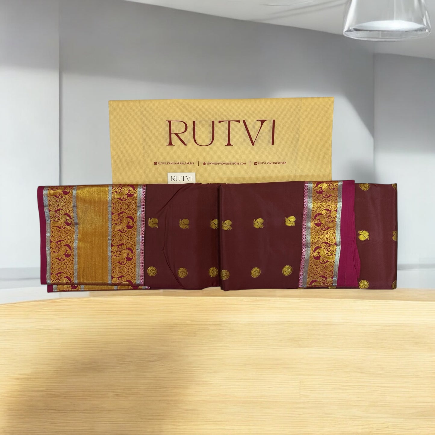 PURE SOFT SILK SAREE – BROWN WITH PEACOCK & DOT BUTTA AND DARK PINK GOLDEN BIG BORDER