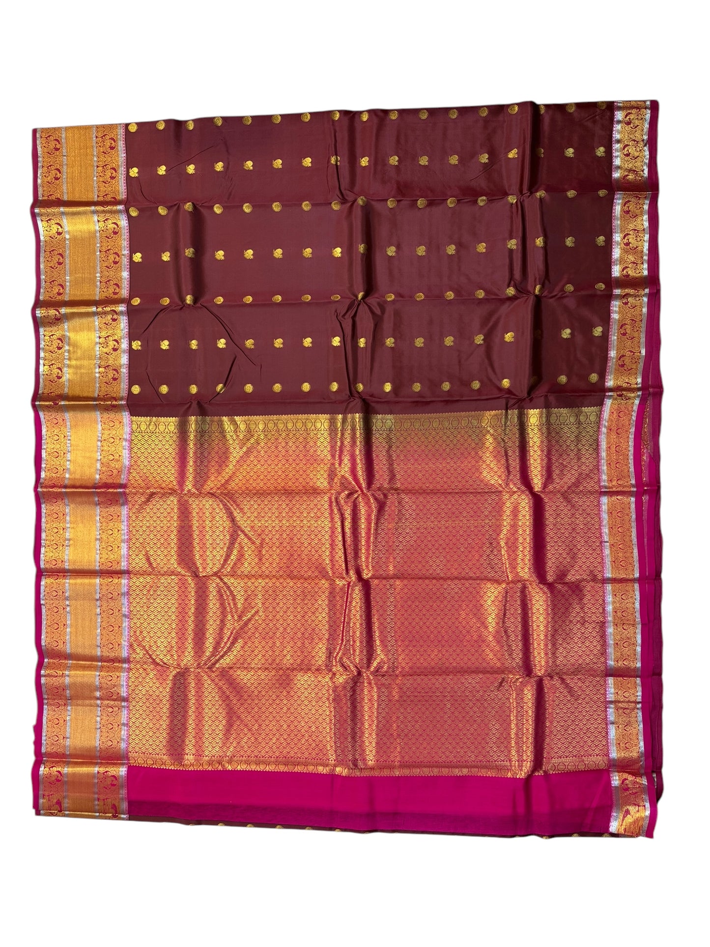 PURE SOFT SILK SAREE – BROWN WITH PEACOCK & DOT BUTTA AND DARK PINK GOLDEN BIG BORDER