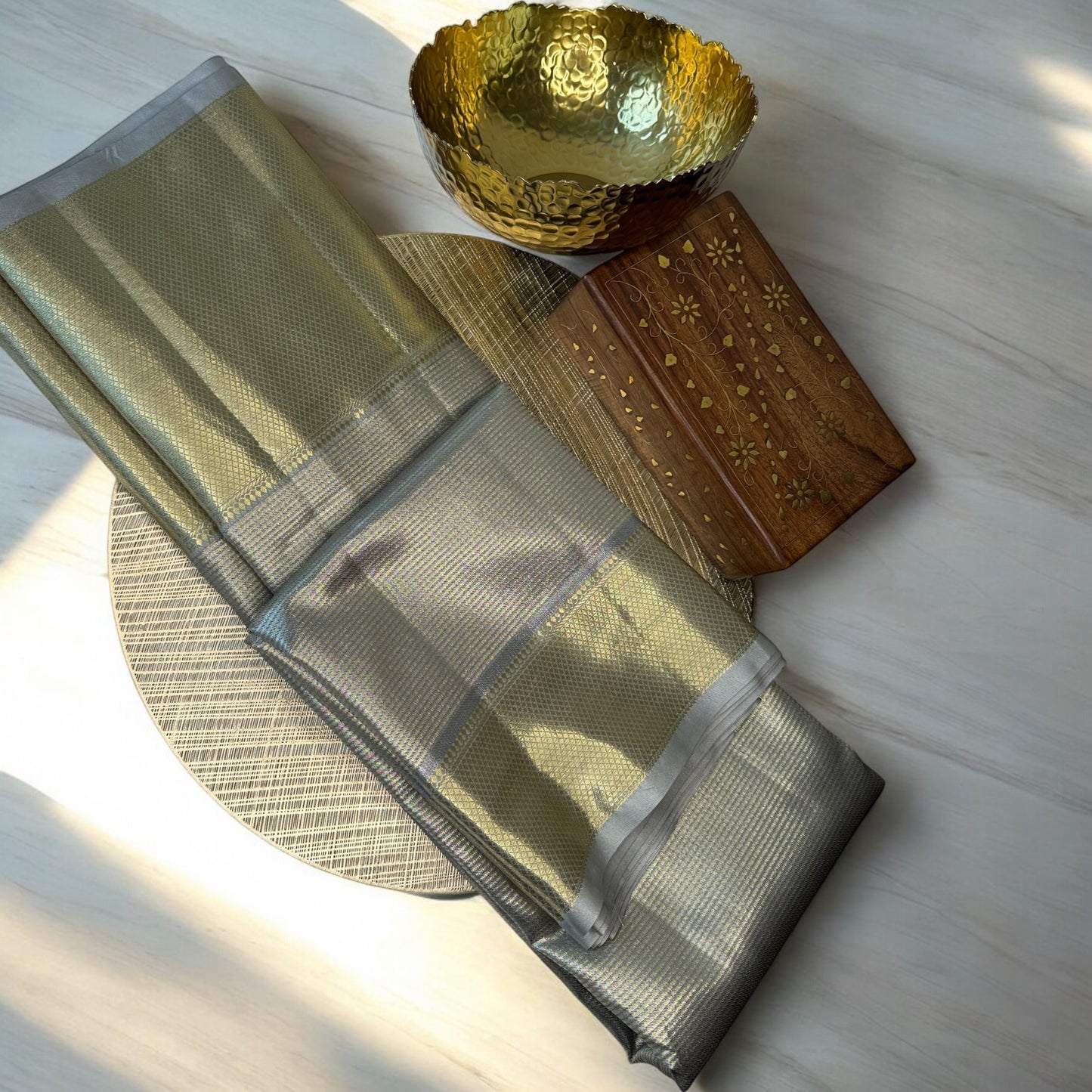 SILK SAREE – SILVER WITH GOLDEN BIG BORDER