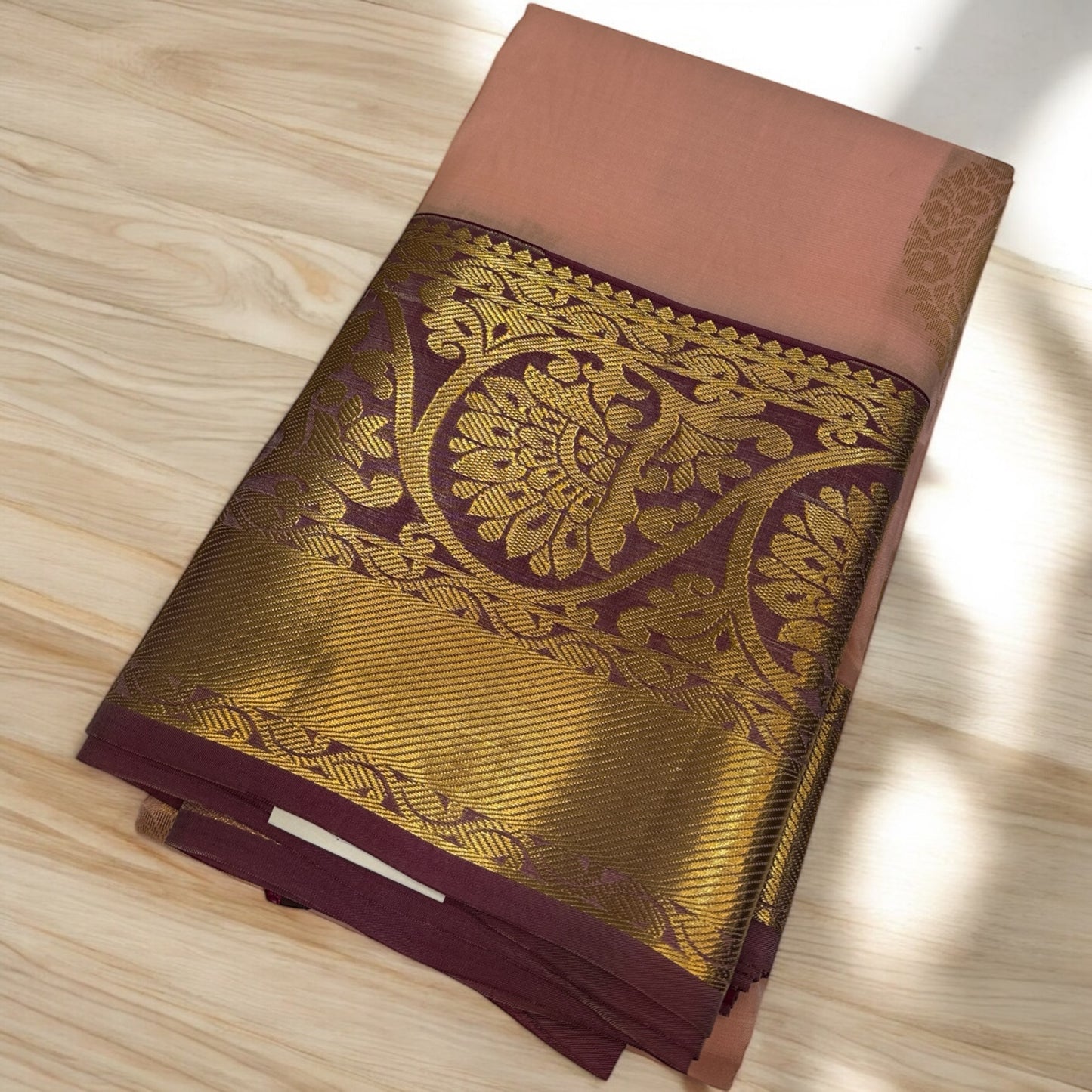 PURE SILK SAREE – CREAMISH PINK WITH BIG DESIGN BUTTA & DARK PINK GOLDEN BIG BORDER