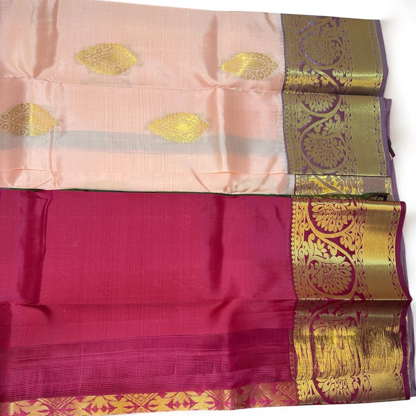 PURE SILK SAREE – CREAMISH PINK WITH BIG DESIGN BUTTA & DARK PINK GOLDEN BIG BORDER