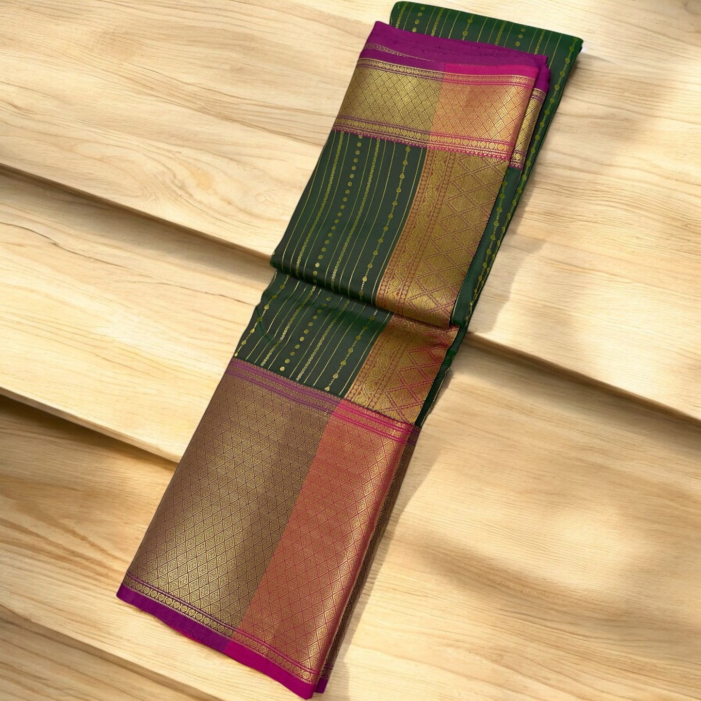 PURE SILK SAREE – MEHENDI GREEN WITH LINE & DOT BUTTA AND PURPLE BIG GOLDEN BORDER