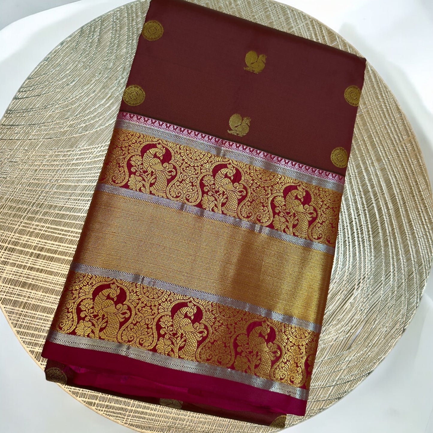 PURE SOFT SILK SAREE – BROWN WITH PEACOCK & DOT BUTTA AND DARK PINK GOLDEN BIG BORDER