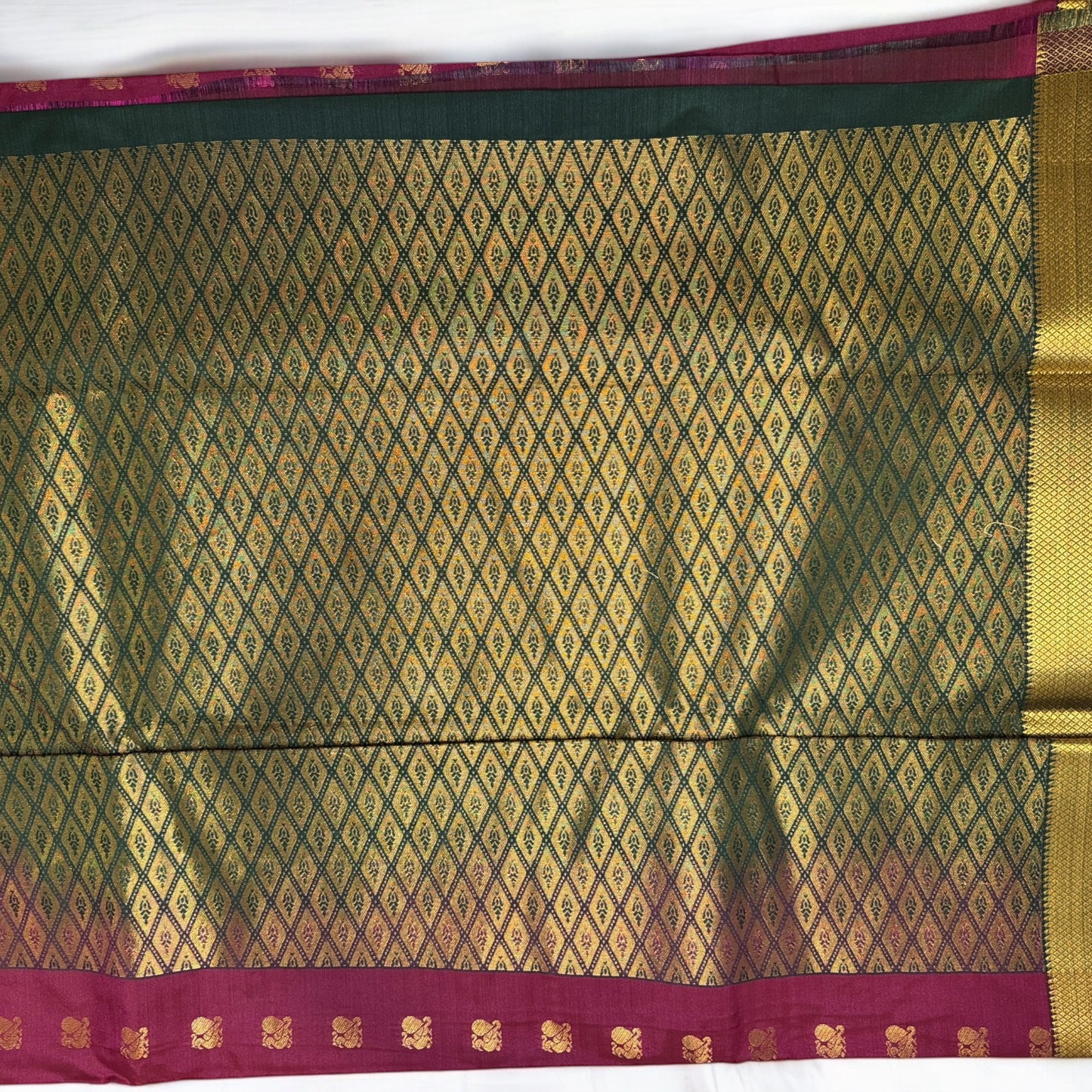 SILK SAREE – DARK PINK WITH PEACOCK & FLOWER BUTTA WITH GREEN BORDER