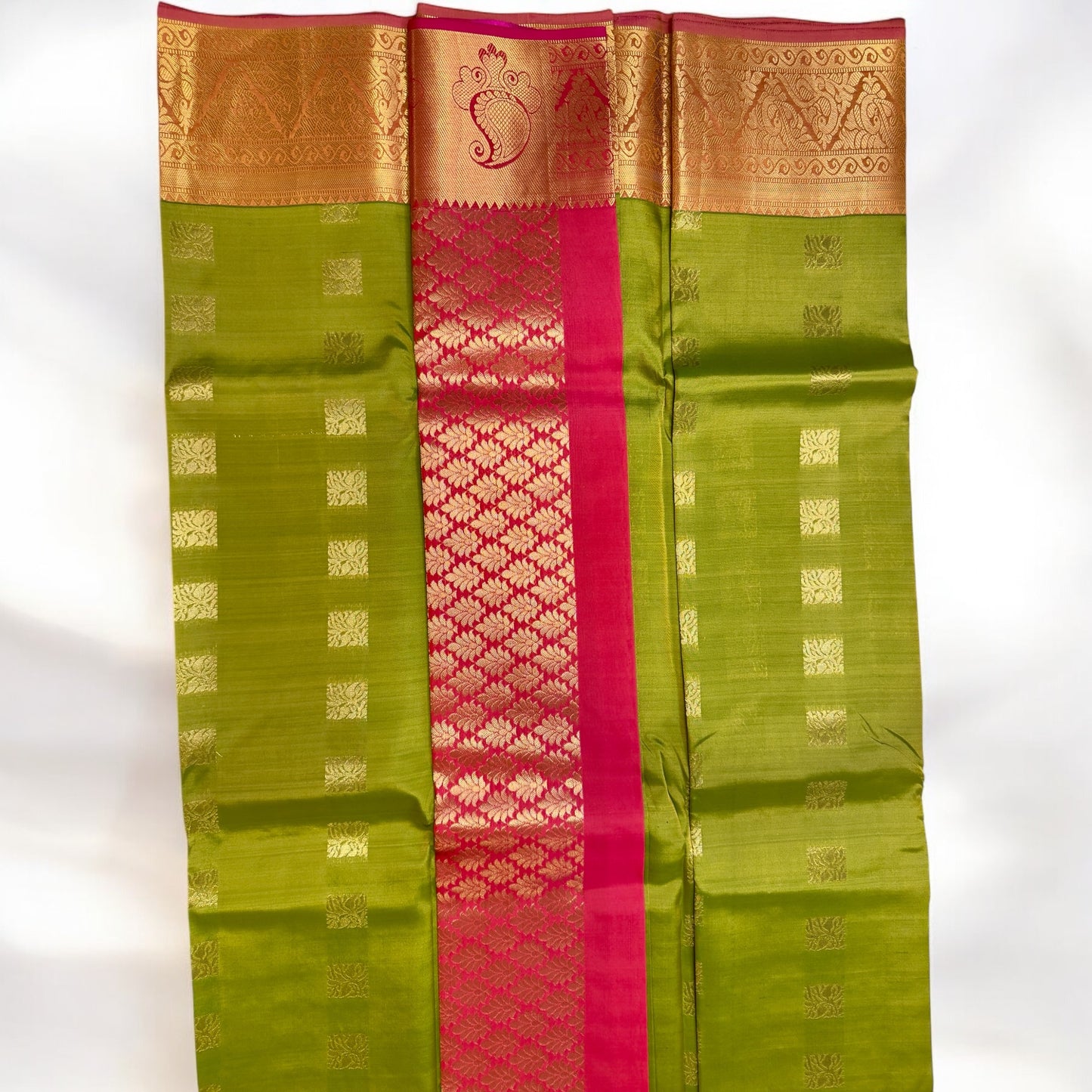 PURE SILK SAREE – LIGHT GREEN WITH SQUARE BUTTA AND LIGHT PINK GOLDEN MEDIUM BORDER