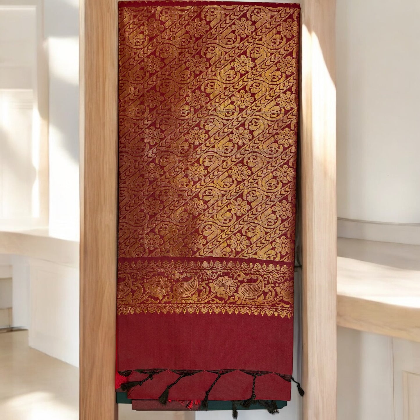SOFT SILK SAREE – PEACOCK GREEN WITH MAROON (DARK BROWN) PLAIN BORDER