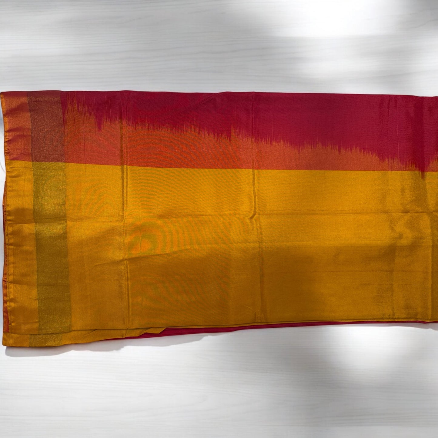 SEMI CHIFFON SAREE – RED PINK MIX WITH ORANGE SMALL BORDER AND YELLOW BLOUSE