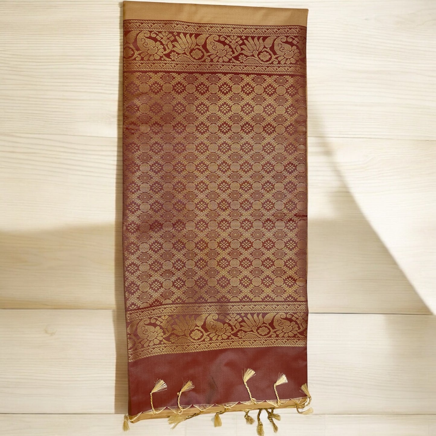 SOFT SILK SAREE – CREAM WITH BIG BUTTA DESIGN AND LIGHT BROWNISH PINK SMALL GOLDEN BORDER