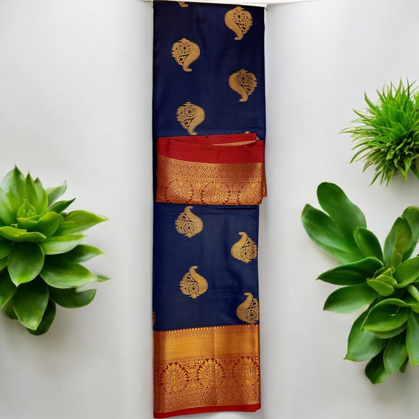 SILK SAREE – DARK VIOLET WITH MEDIUM DESIGN BUTTA AND GOLDEN ORANGE MEDIUM BORDER