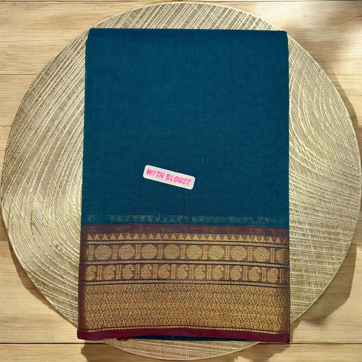 KANJIVARAM COTTON SAREE – PLAIN BLUE BODY WITH GOLDEN RED MEDIUM BORDER