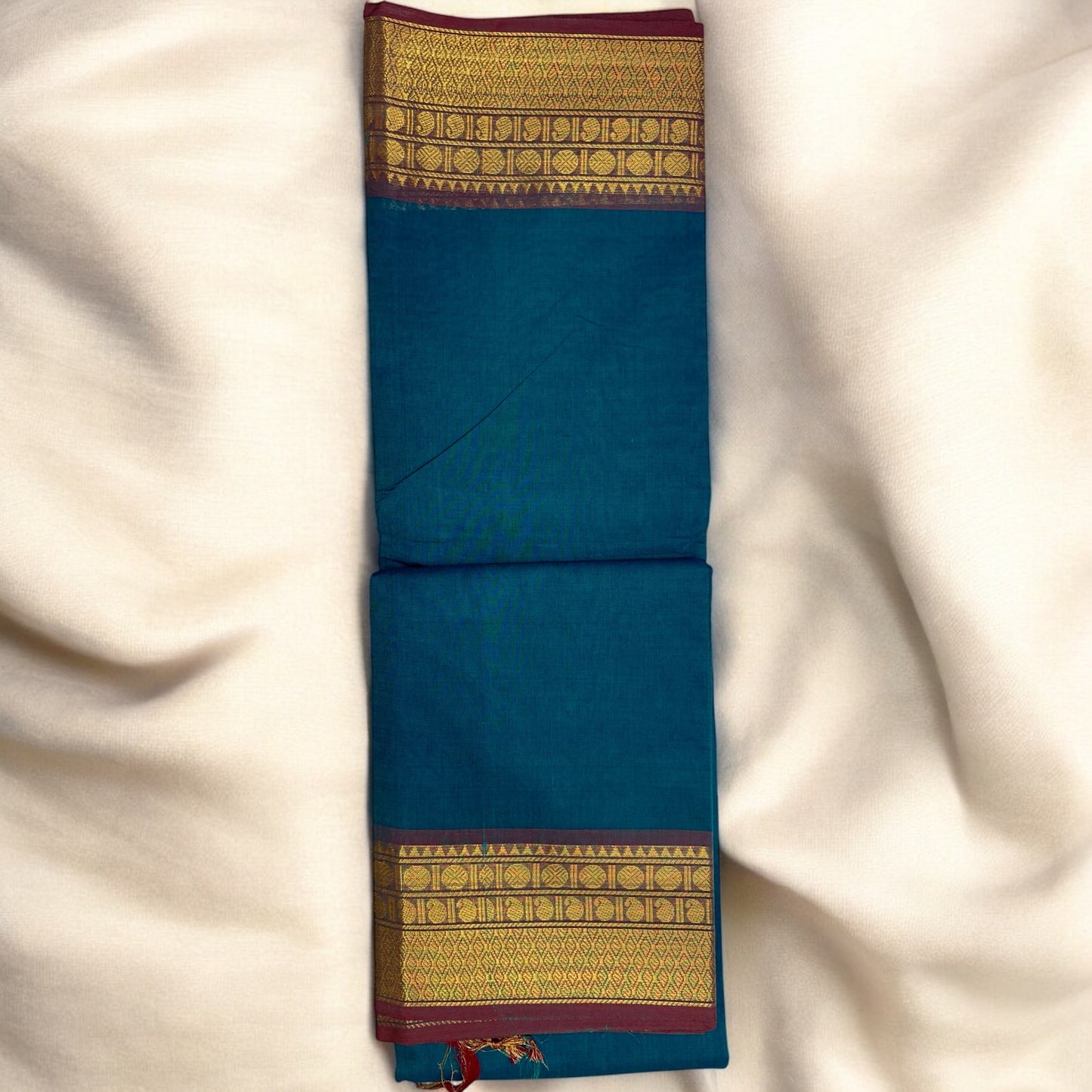 KANJIVARAM COTTON SAREE – PLAIN BLUE BODY WITH GOLDEN RED MEDIUM BORDER