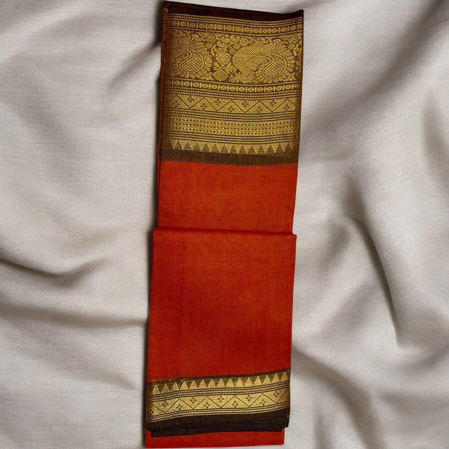 KANJIVARAM COTTON SAREE – PLAIN ORANGE BODY WITH GOLDEN BROWN BIG BORDER
