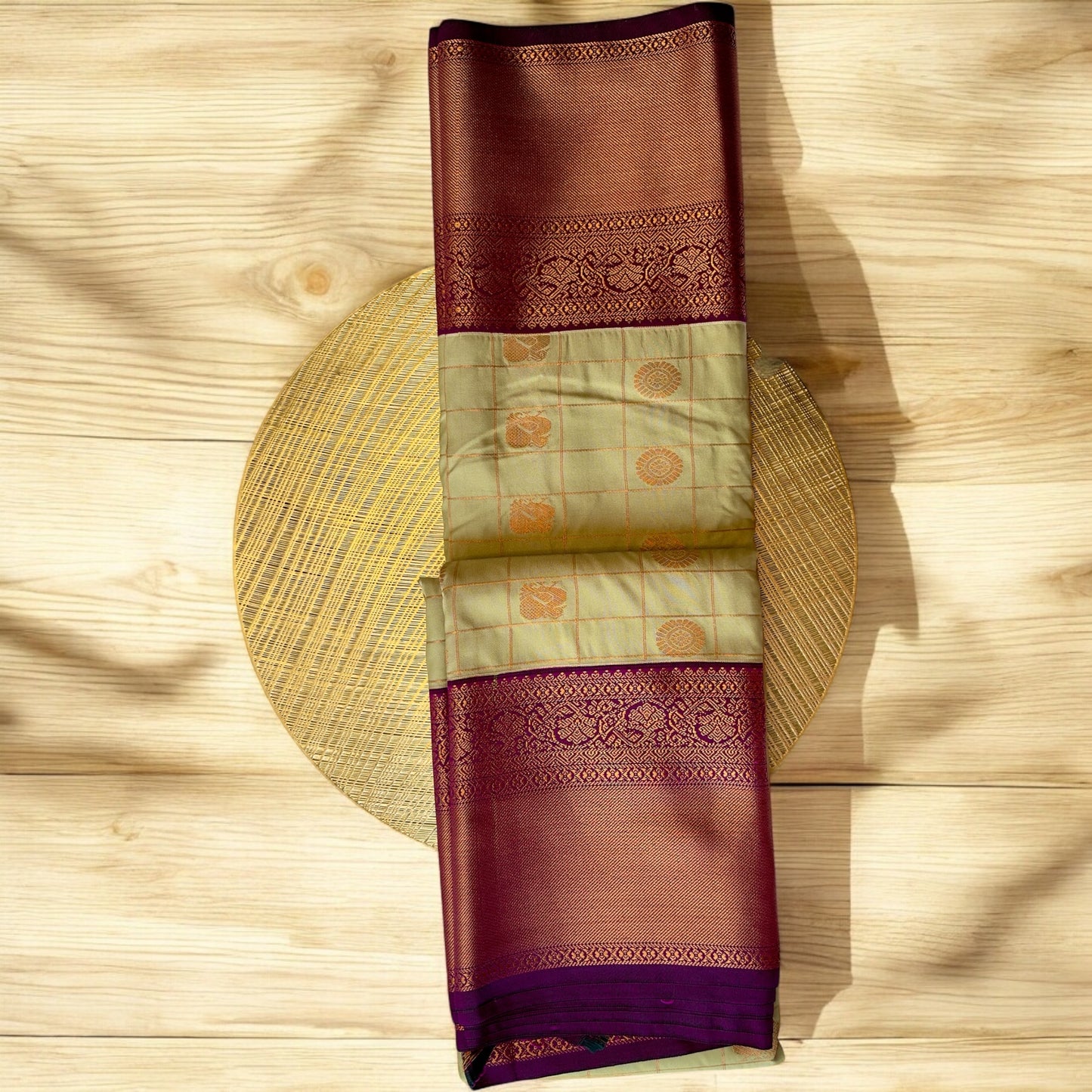 SEMI-SOFT SILK SAREE – PISTA GREEN WITH SMALL CHECKS AND PEACOCK BUTTA + PURPLE-GOLDEN BIG BORDER
