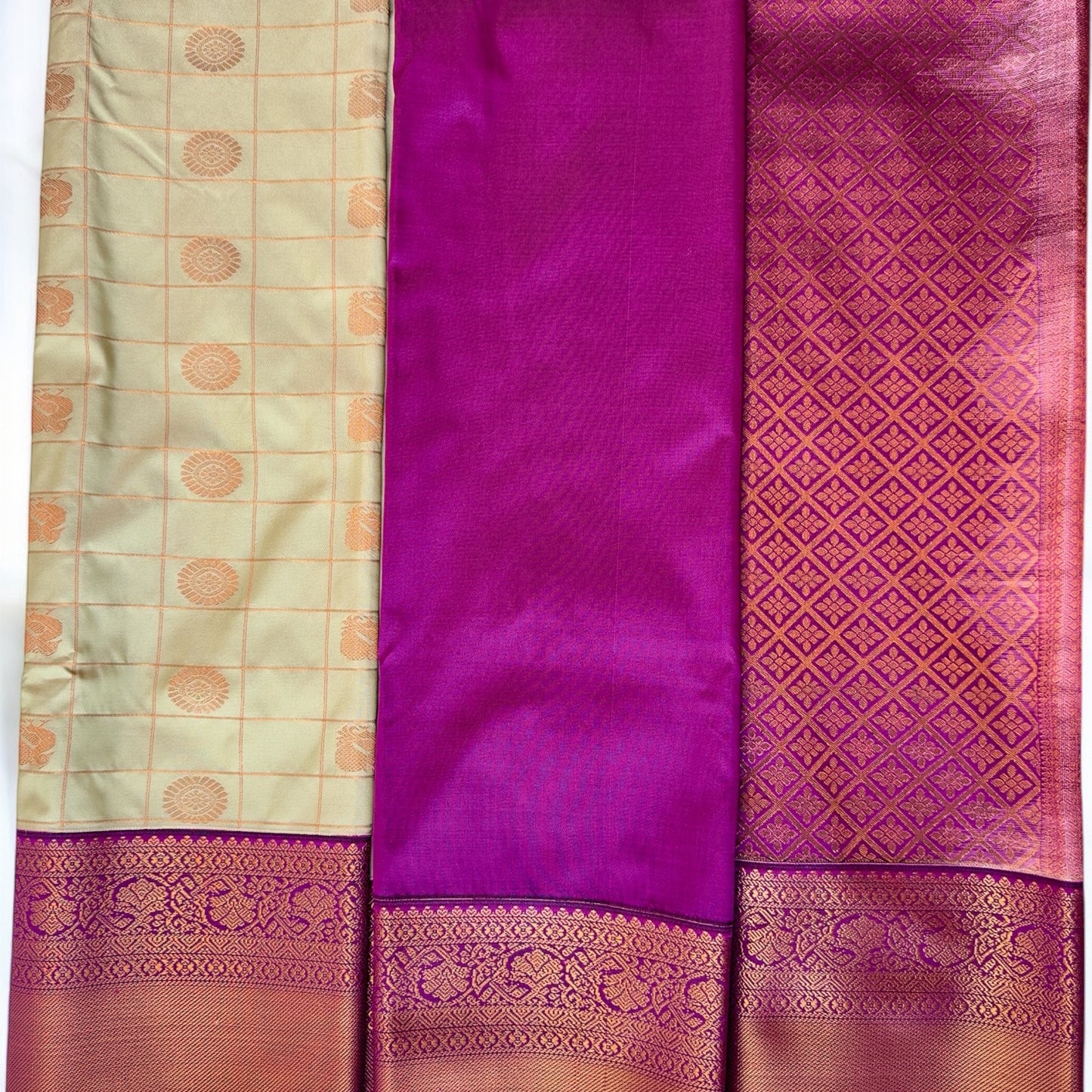 SEMI-SOFT SILK SAREE – PISTA GREEN WITH SMALL CHECKS AND PEACOCK BUTTA + PURPLE-GOLDEN BIG BORDER
