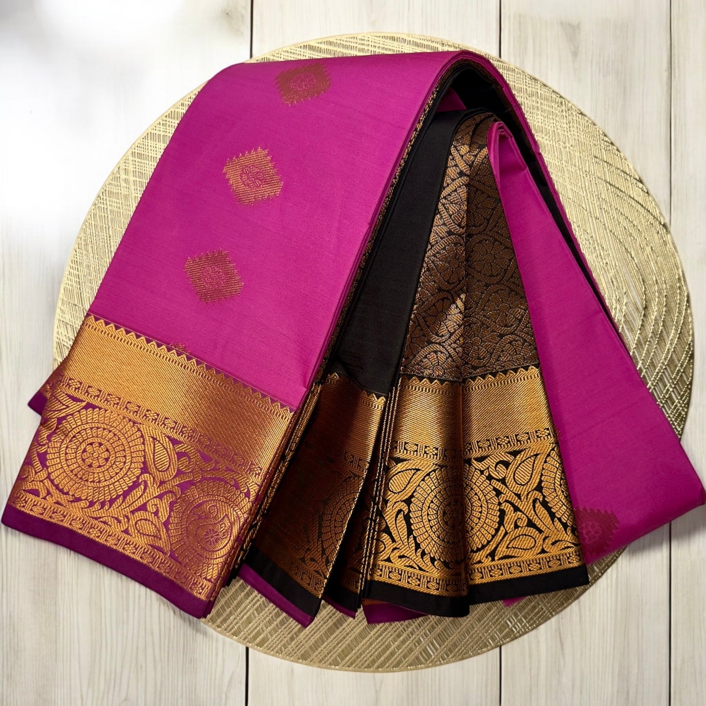 SILK SAREE – BRIGHT PINK WITH SMALL BUTTA + PURPLE MEDIUM BORDER & BLACK RICH PALLU