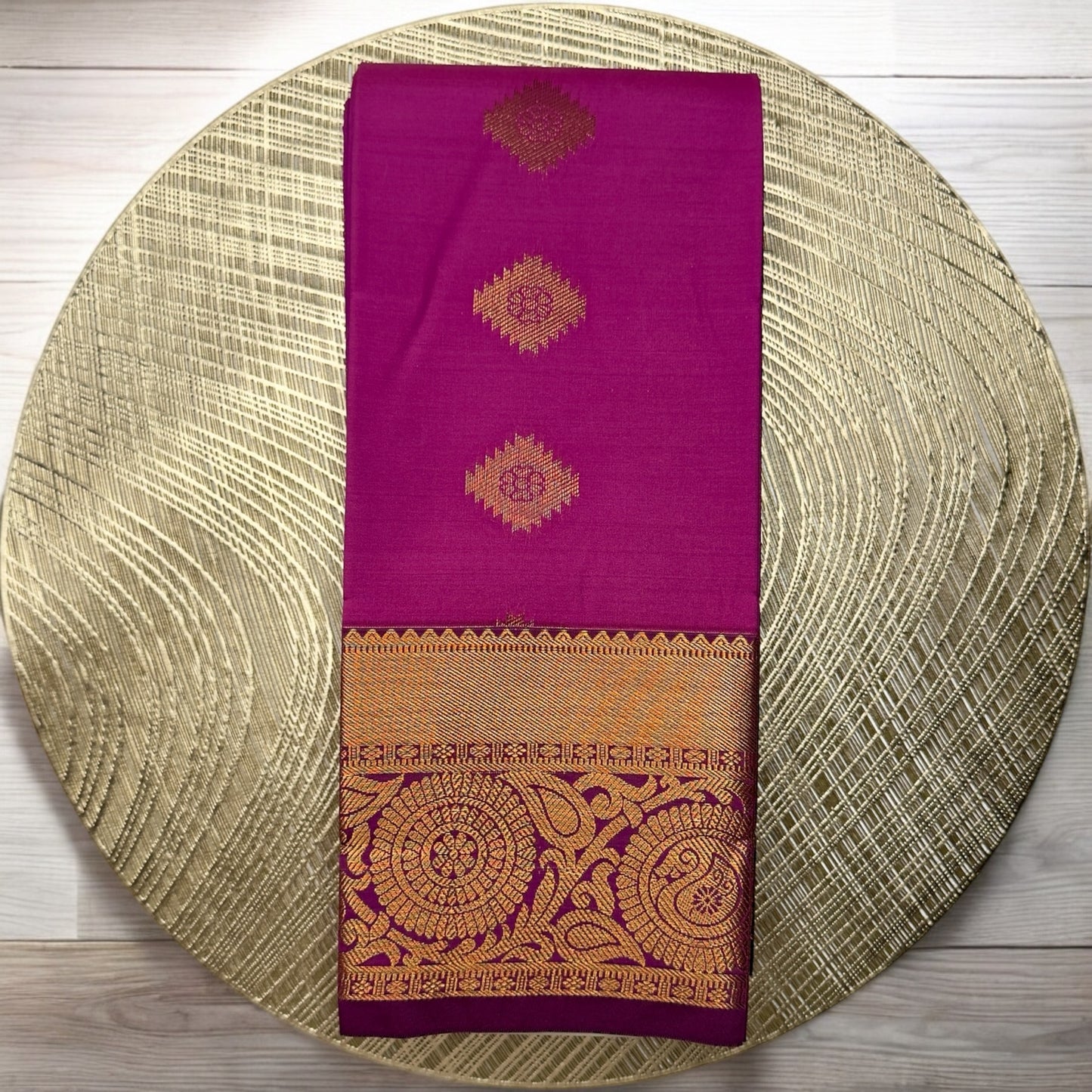 SILK SAREE – BRIGHT PINK WITH SMALL BUTTA + PURPLE MEDIUM BORDER & BLACK RICH PALLU