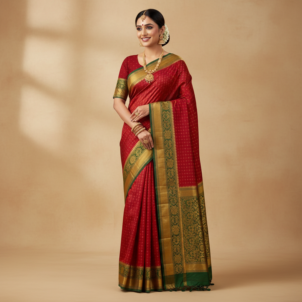 ART SILK SAREE – RANI PINK WITH SMALL PLUS DESIGN + GOLDEN LINES GREEN BIG BORDER