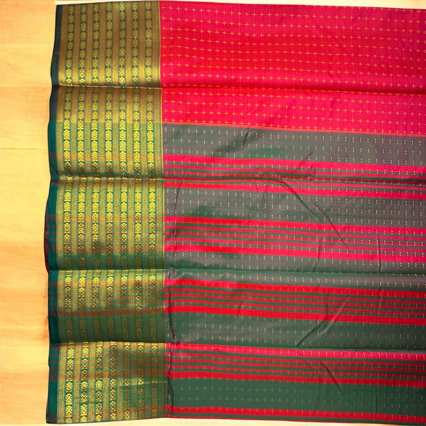 ART SILK SAREE – RANI PINK WITH SMALL PLUS DESIGN + GOLDEN LINES GREEN BIG BORDER