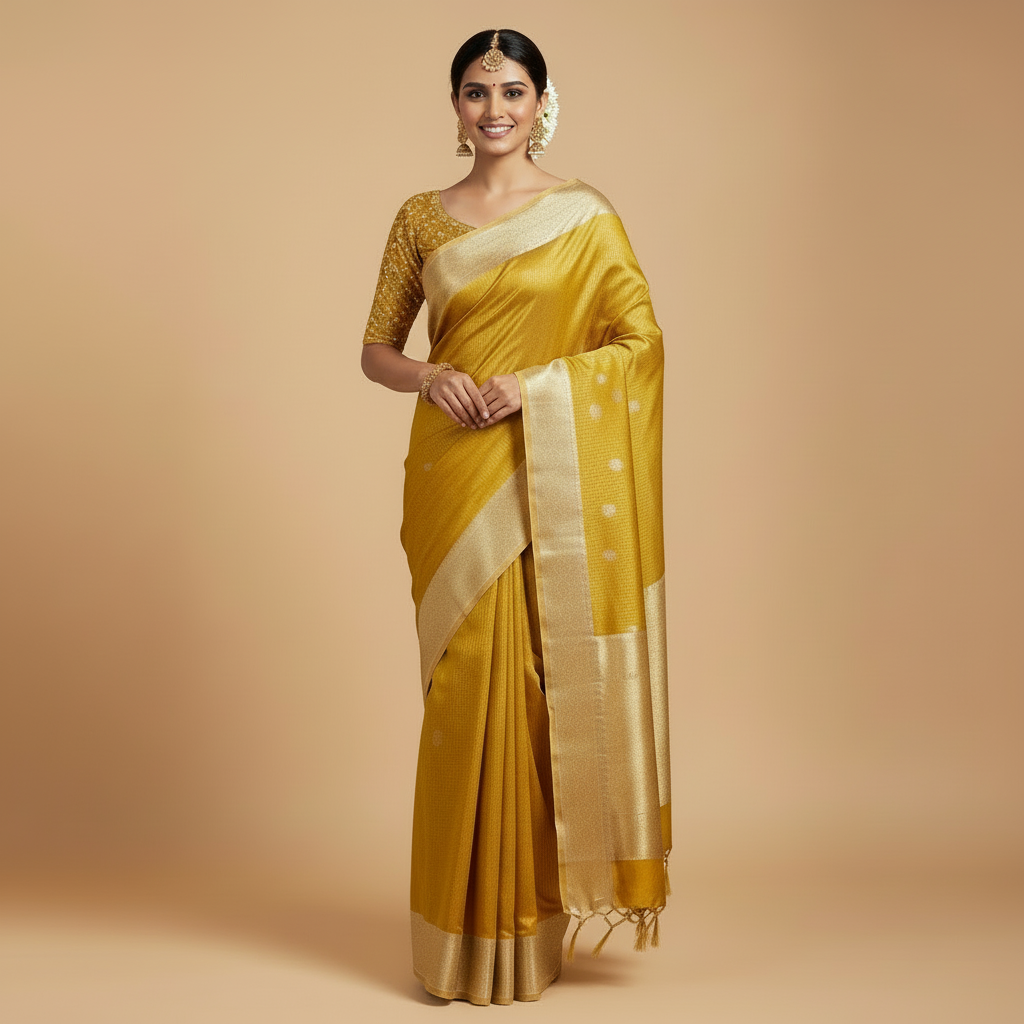 TISSUE SAREE – GOLDEN/YELLOW SMALL CHECKS WITH OFF-WHITE BIG BORDER ZARI WORK