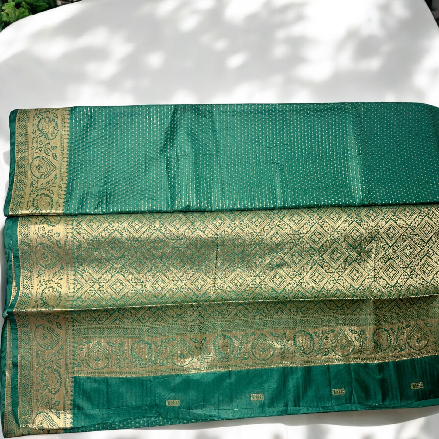 SEMI CHIFFON SAREE – DARK GREEN WITH GOLDEN DOTTED STRIPS + EDIM GOLDEN BORDER
