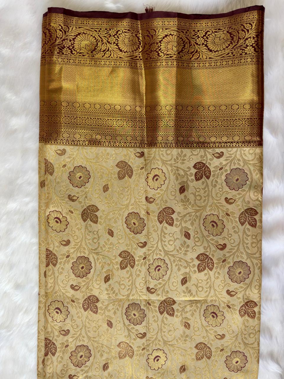 CREAM + BROWN BIG BORDER SOFT SEMI SILK SAREE