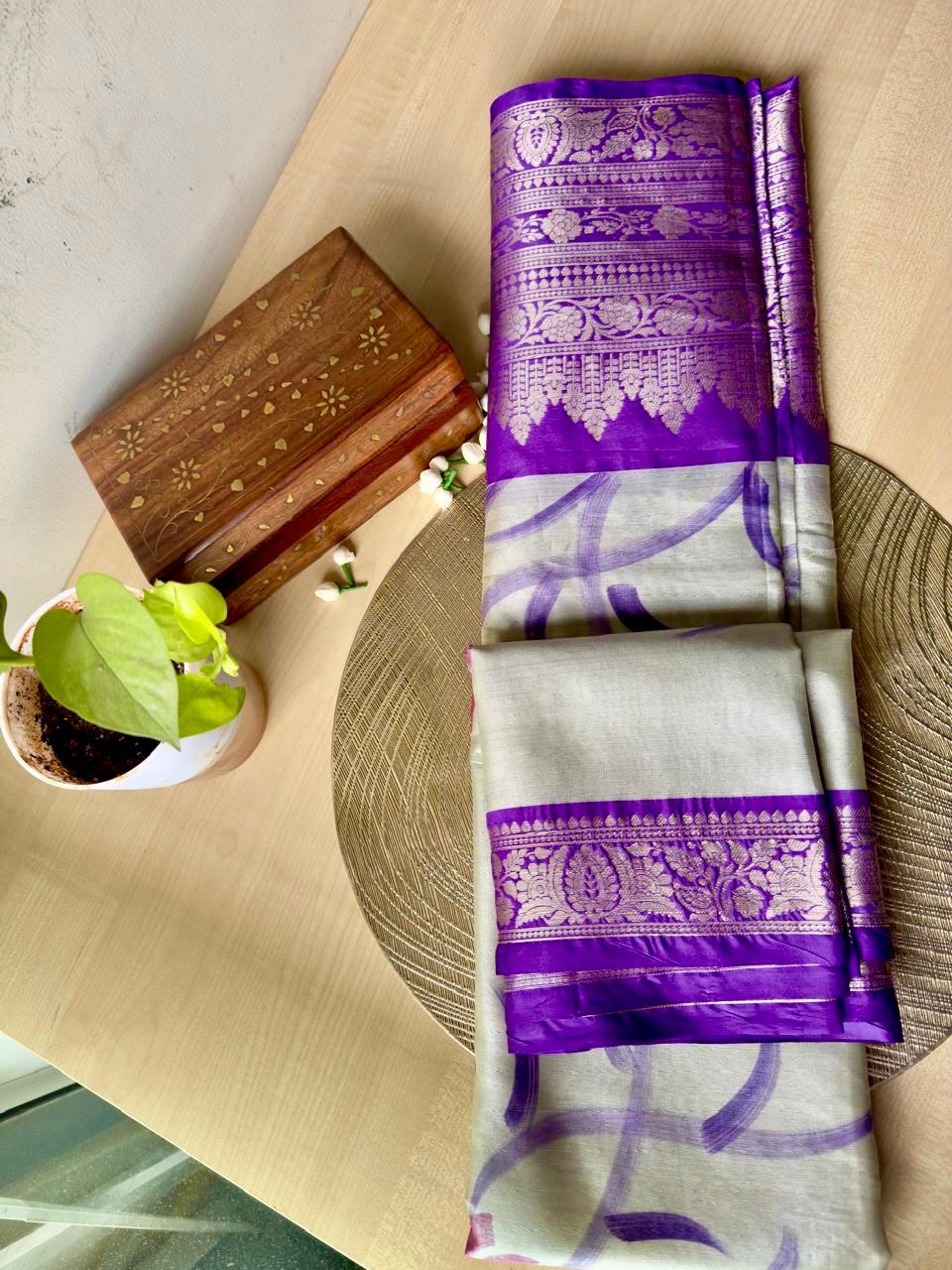 LIGHT OFF-WHITE WITH LAVENDER & PINK FLORALS AND ROYAL VIOLET ZARI BORDER