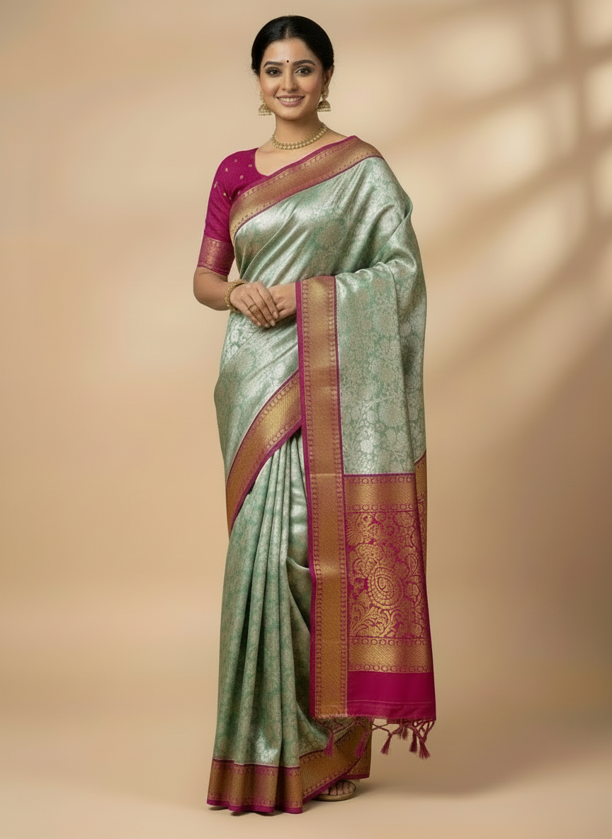 LIGHT BLUE WITH PURPLE & GOLD ZARI AND ALL-OVER FLORAL MOTIFS