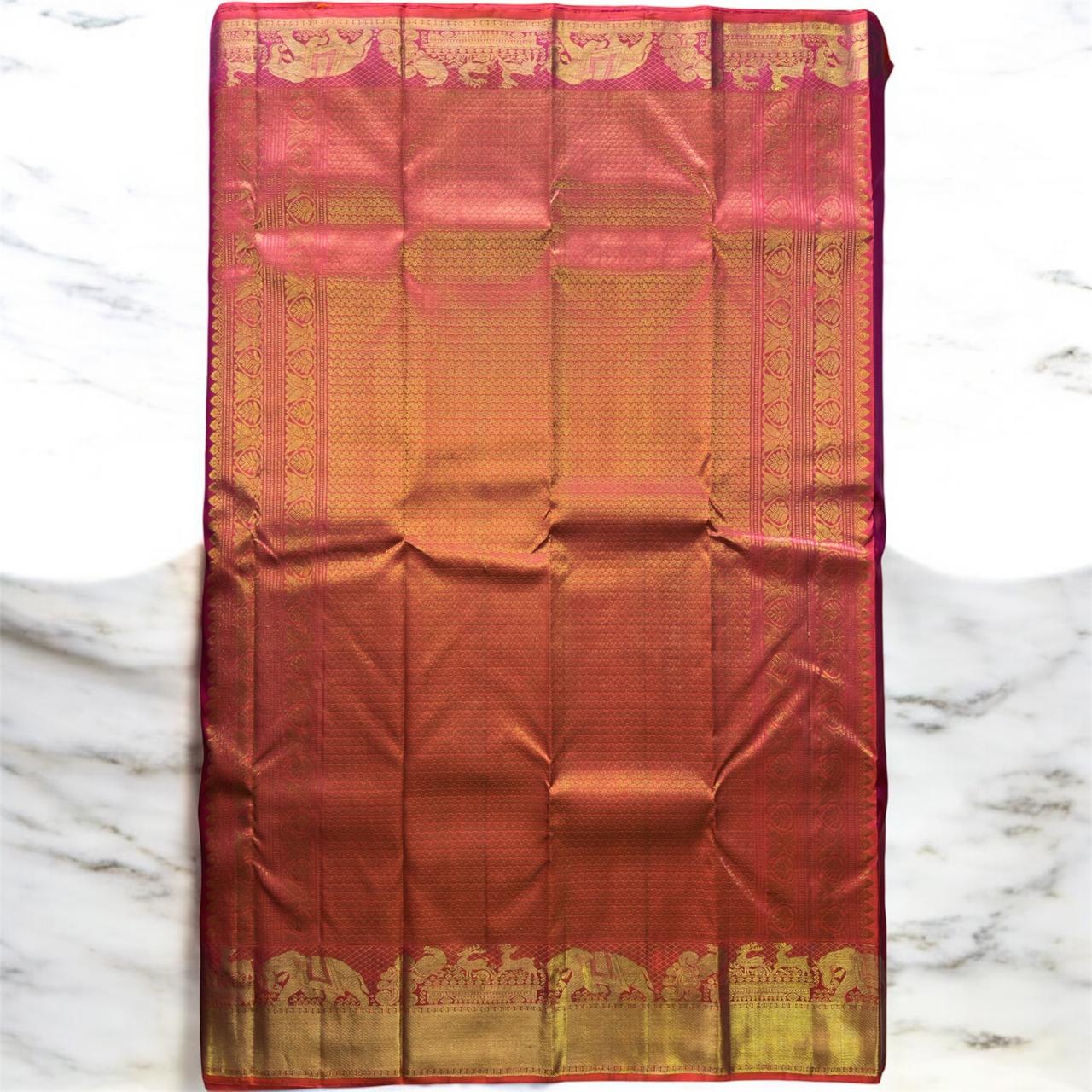 HANDWOVEN PURE SILK PEACH PINK WITH ELEPHANTS, HORSES & TEMPLE ZARI BORDER