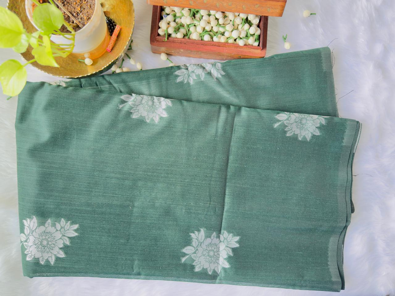 BOTTLE GREEN CRACKLE COTTON FLORAL SAREE WITHOUT BORDER