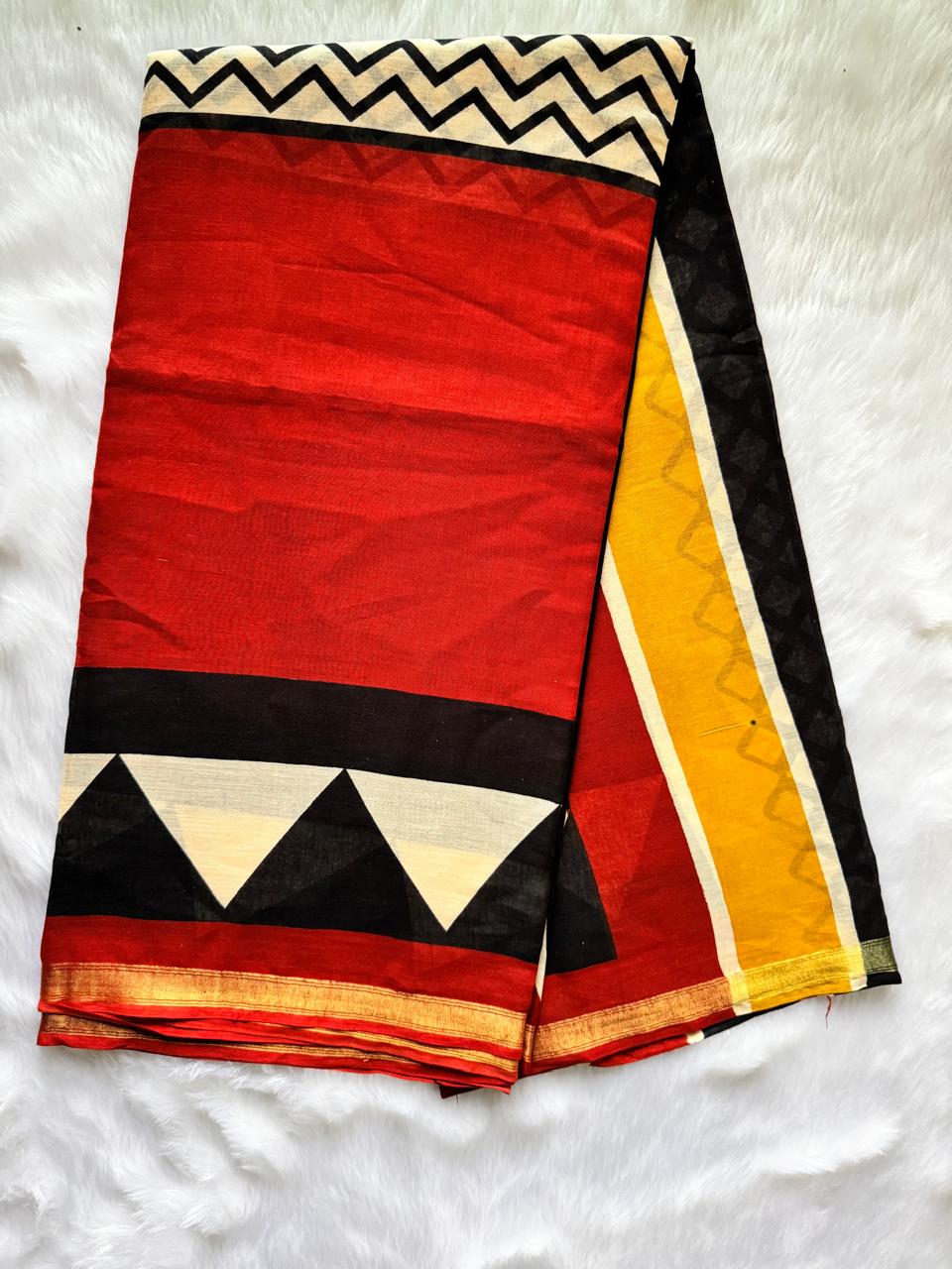 CHANDERI COTTON SAREE (RED WITH MULTICOLOR BORDERS)