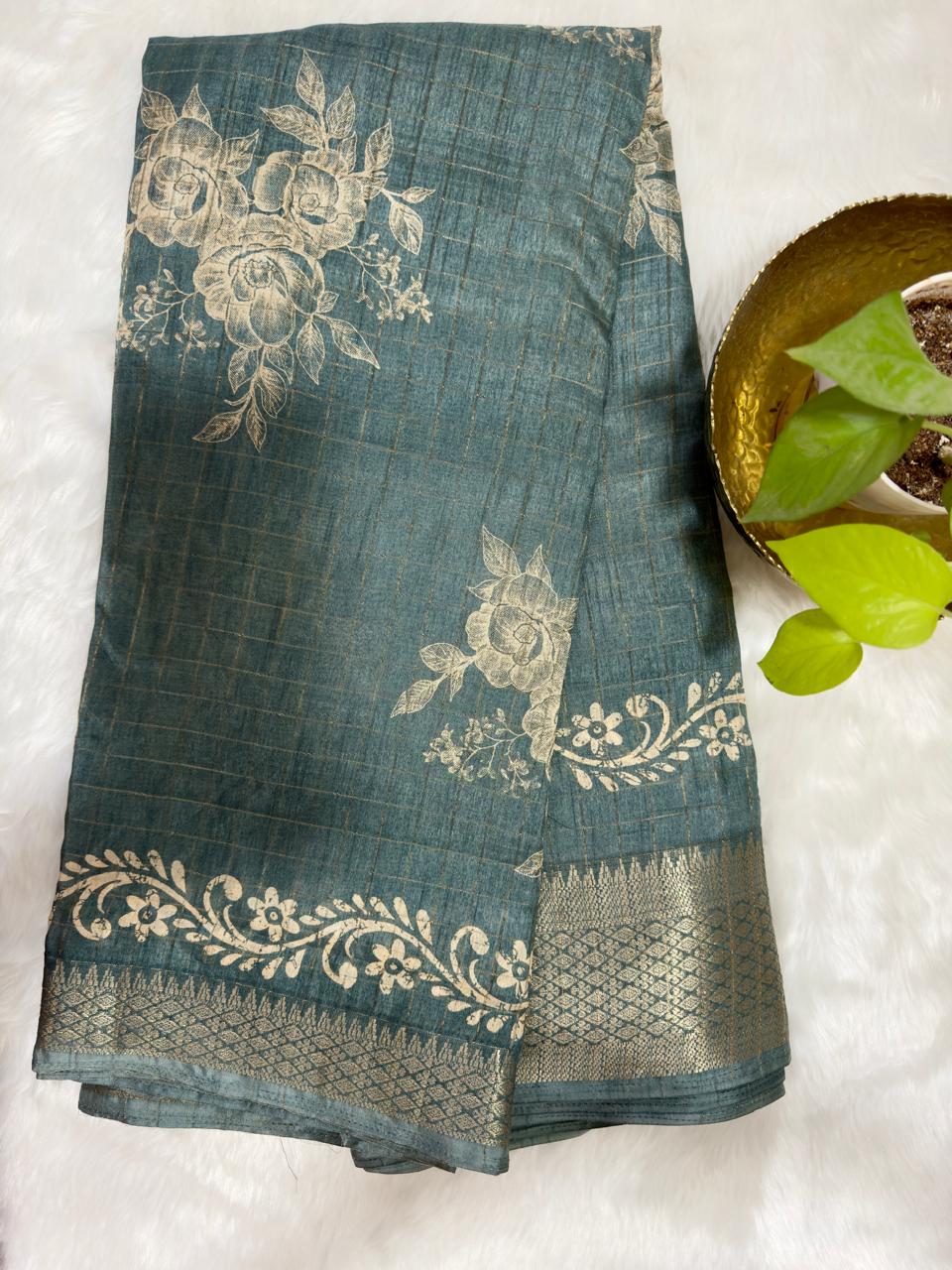 GREY DOLA SILK WITH DIGITAL FLORAL PRINTS