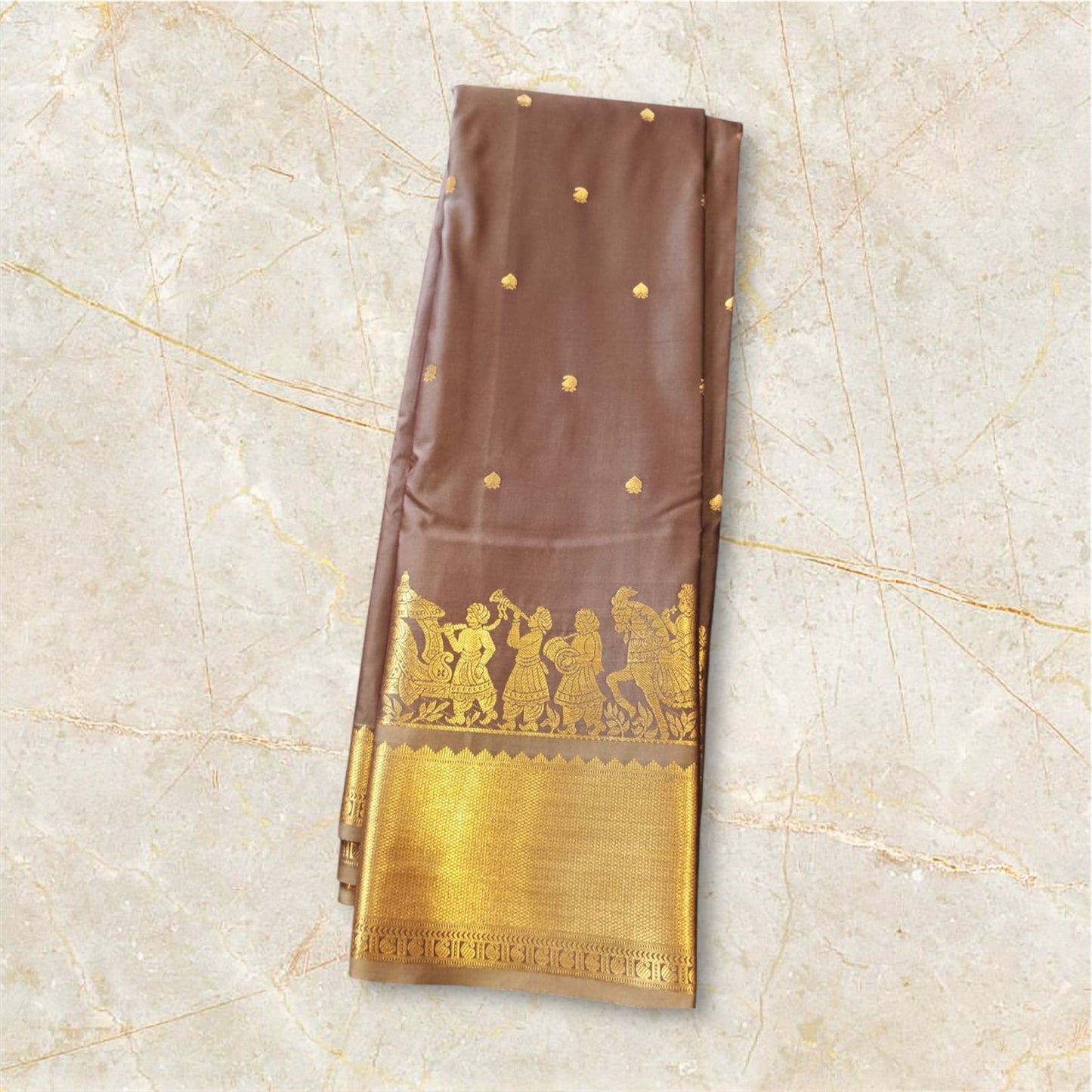 Coffee Brown Semi Silk Saree with Pallaku Border & Gold Zari Buttas