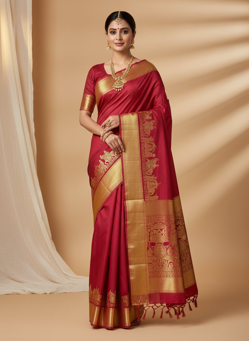 DARK PINK SEMI SILK SAREE WITH ROYAL PALLAKU ZARI BORDER