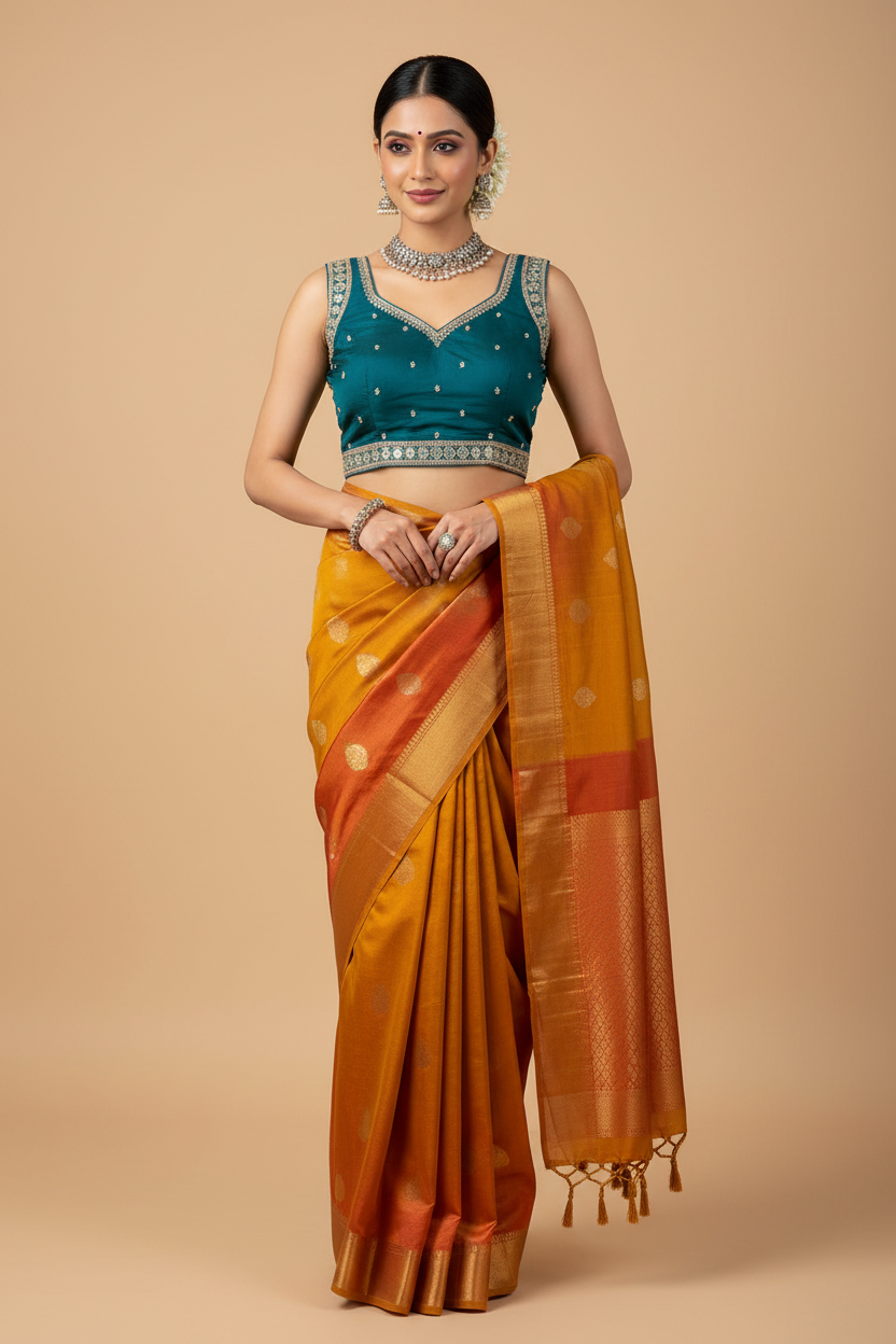 GREEN SLUB SILK READYMADE BLOUSE