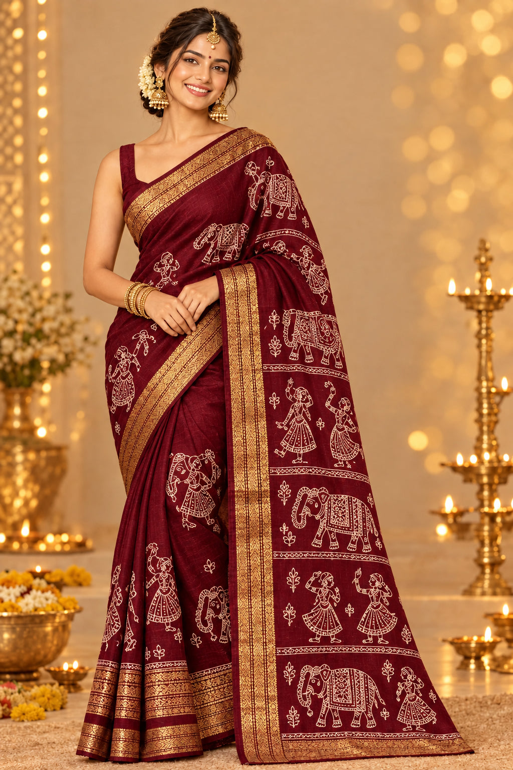 AJRAKH EMBROIDARY COTTON SAREE - MAROON