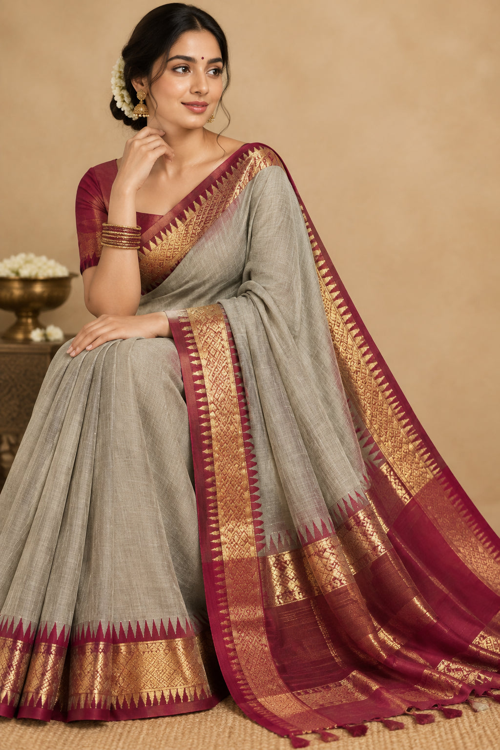 PURE HANDWOVEN KANCHI COTTON SAREE - MAROON