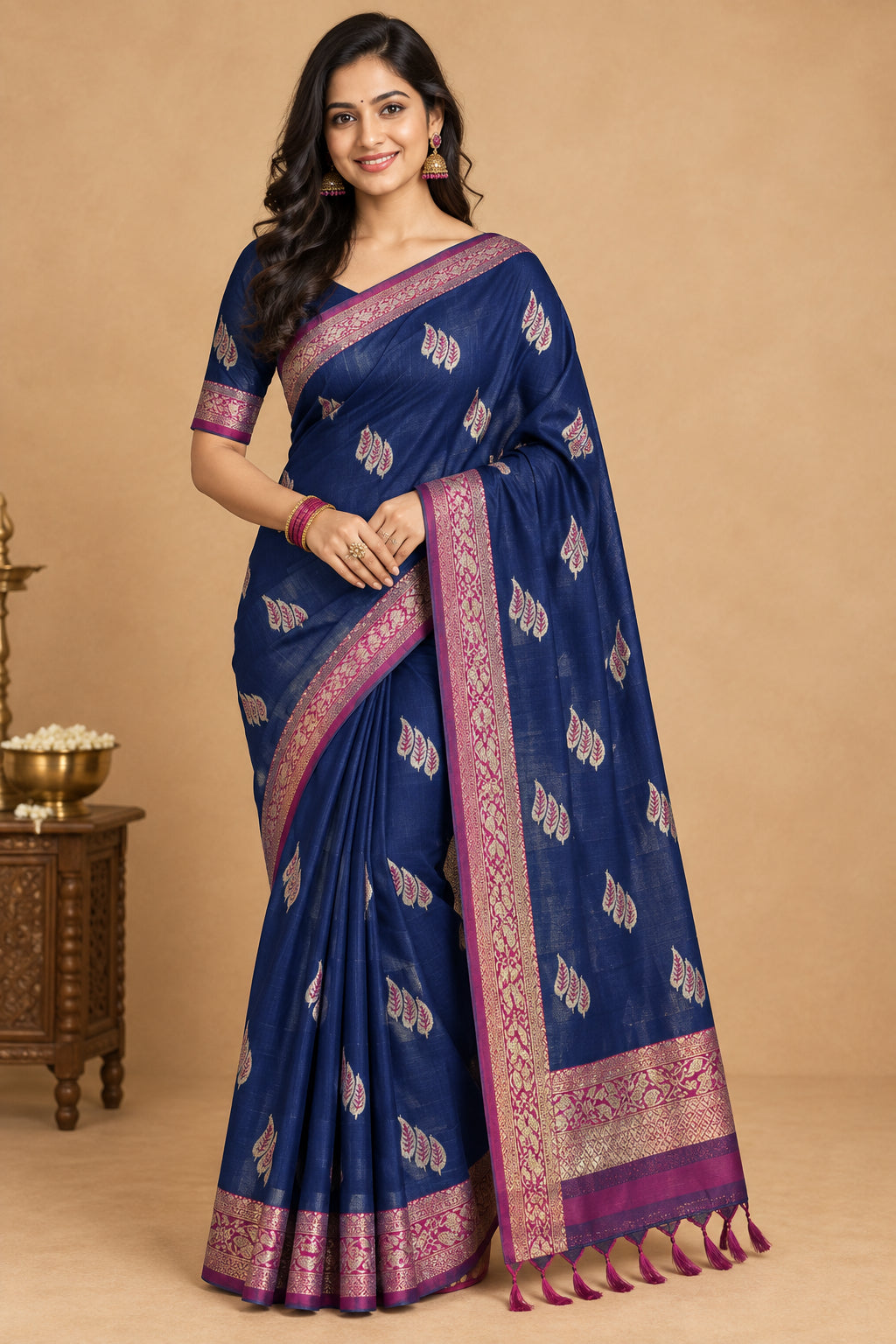 SEMI BANARAS SAREE - NAVY BLUE + RED