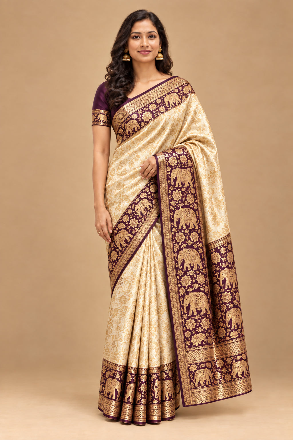 Designer Cream & Beige Kanchipuram Semi-Silk Saree