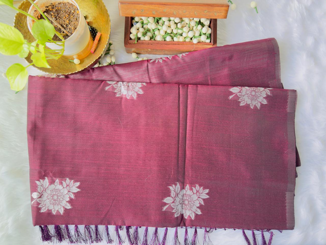 MAROON FLORAL CRACKLE COTTON SAREE WITHOUT BORDER