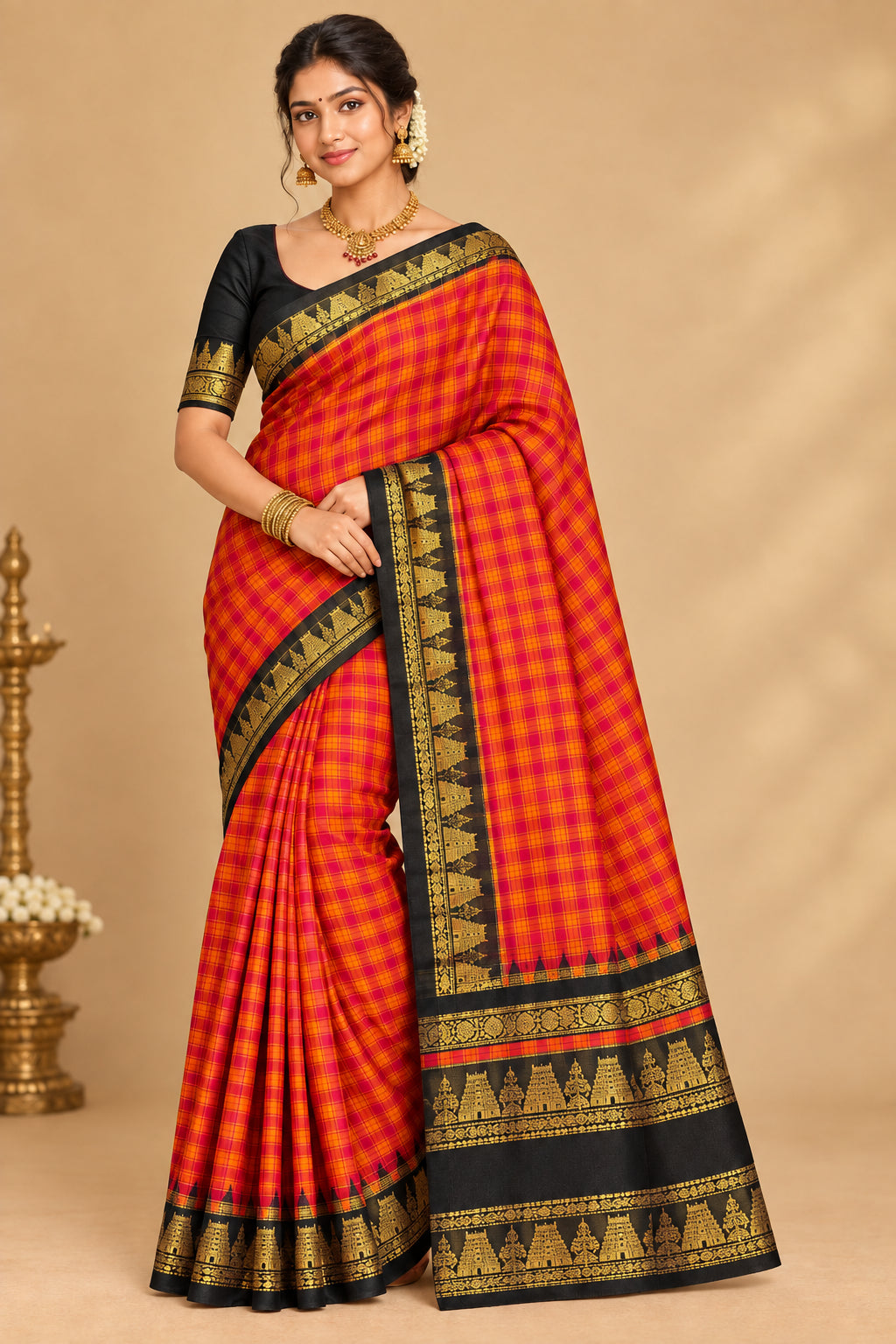 Handloom Pure Silk Saree - Orange & Black