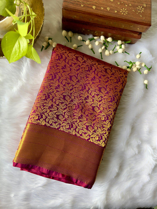 MAROON SILK SAREE WITH FLORAL & LEAF BUTTAS