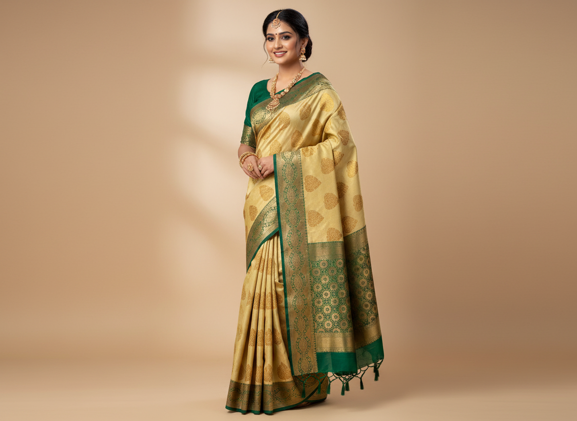 SILK SAREE – CREAM WITH DESIGN BUTTA + DARK GREEN MEDIUM BORDER