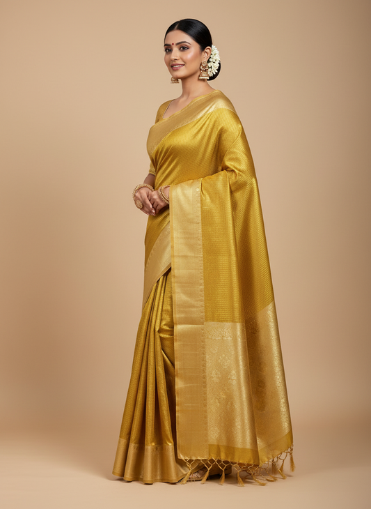 TISSUE SAREE – GOLDEN/YELLOW SMALL CHECKS WITH OFF-WHITE BIG BORDER ZARI WORK