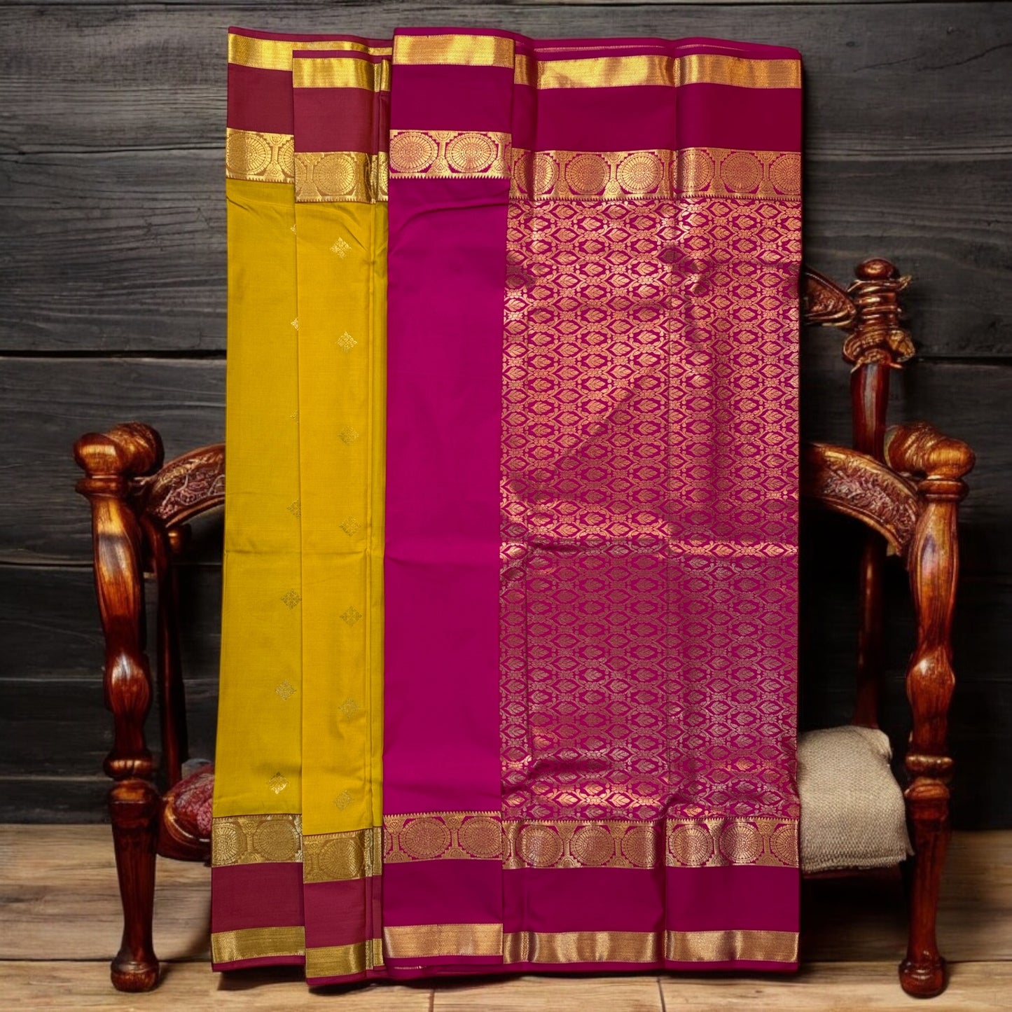 SOFT SILK SAREE – YELLOW WITH PINK RETTAPETTA BORDER & INTRICATE BUTTA DESIGN