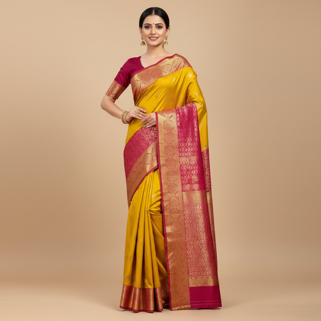 SOFT SILK SAREE – YELLOW WITH PINK RETTAPETTA BORDER & INTRICATE BUTTA DESIGN