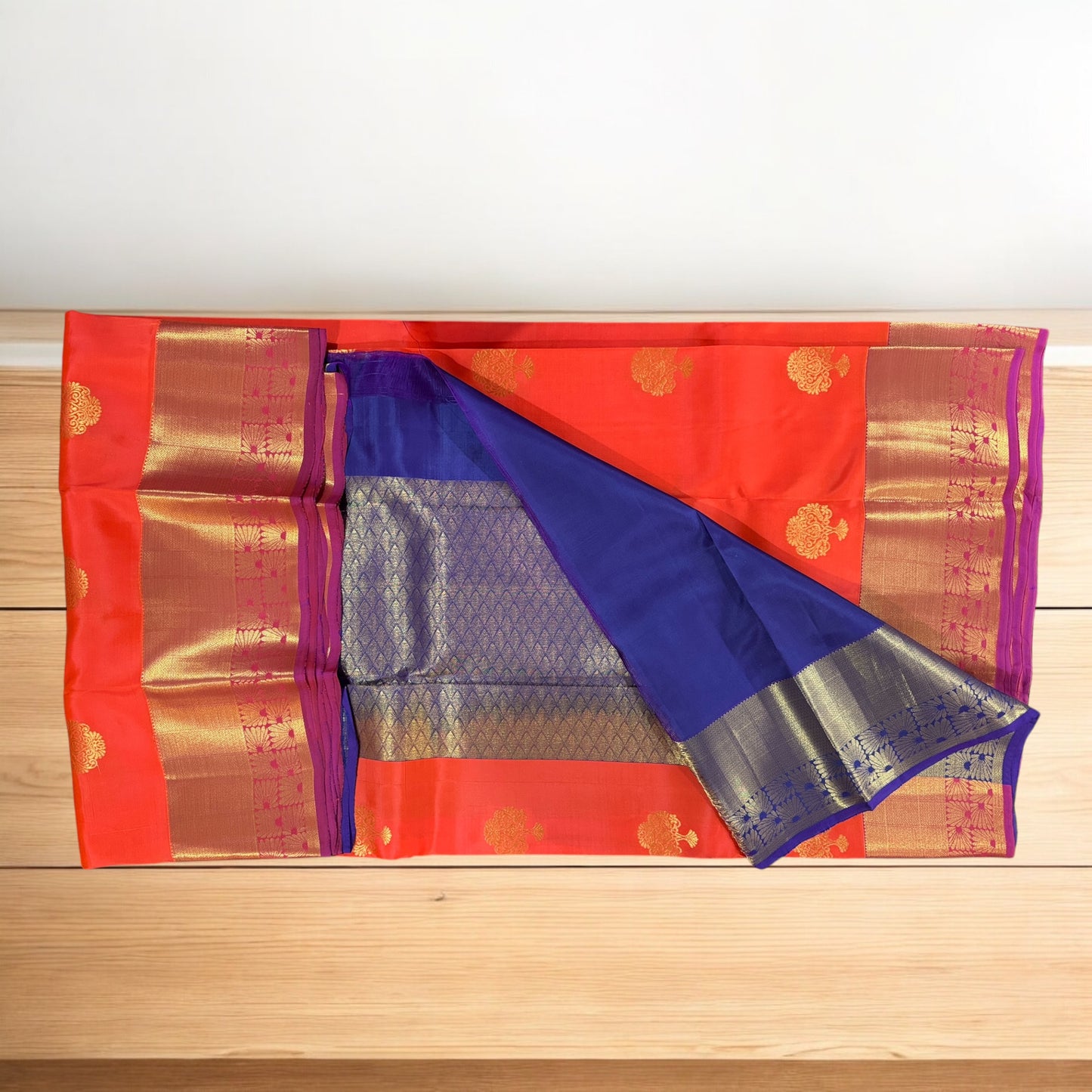 PURE SILK MARK SILK SAREE - ORANGE BODY & VIOLET BORDER