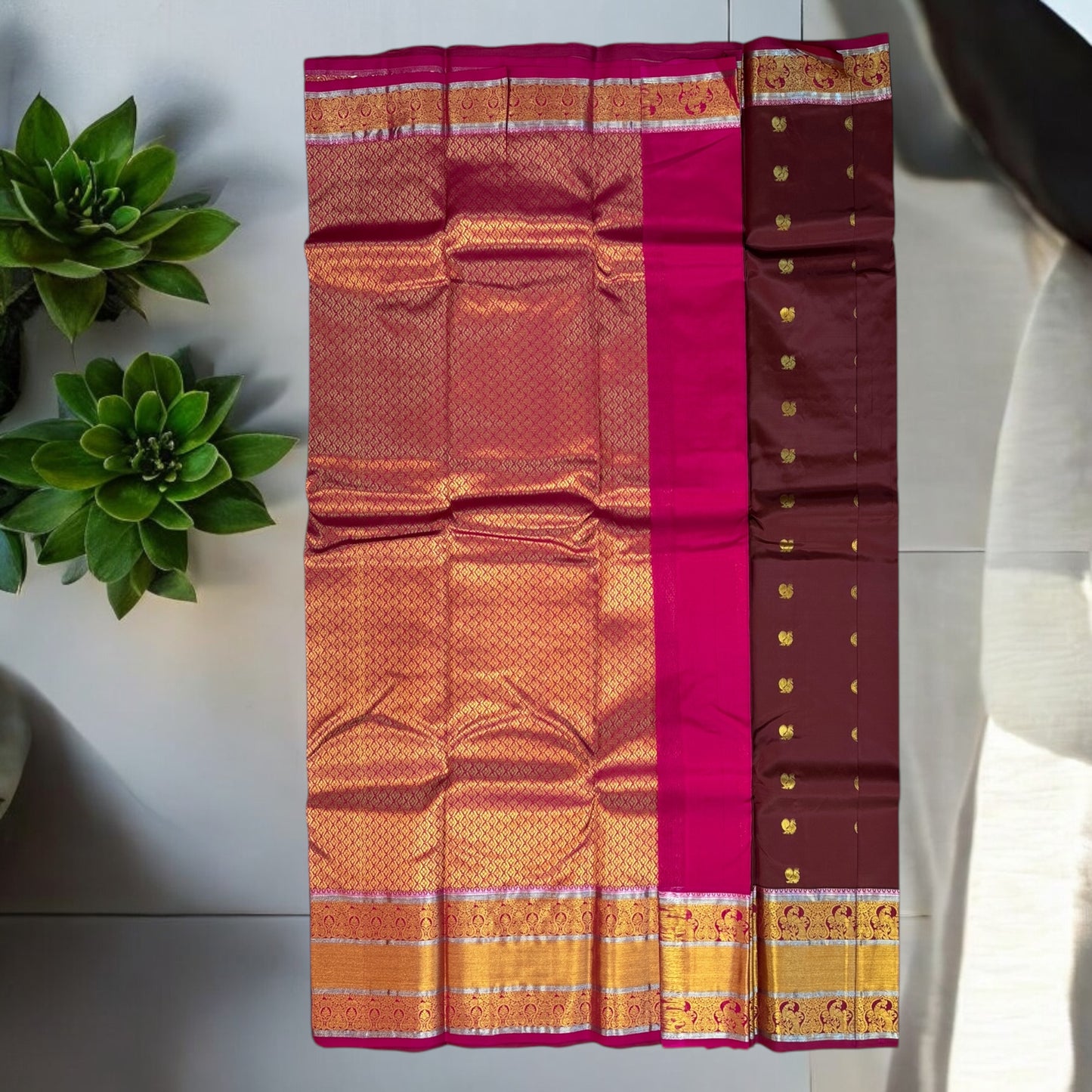 PURE SOFT SILK SAREE – BROWN WITH PEACOCK & DOT BUTTA AND DARK PINK GOLDEN BIG BORDER