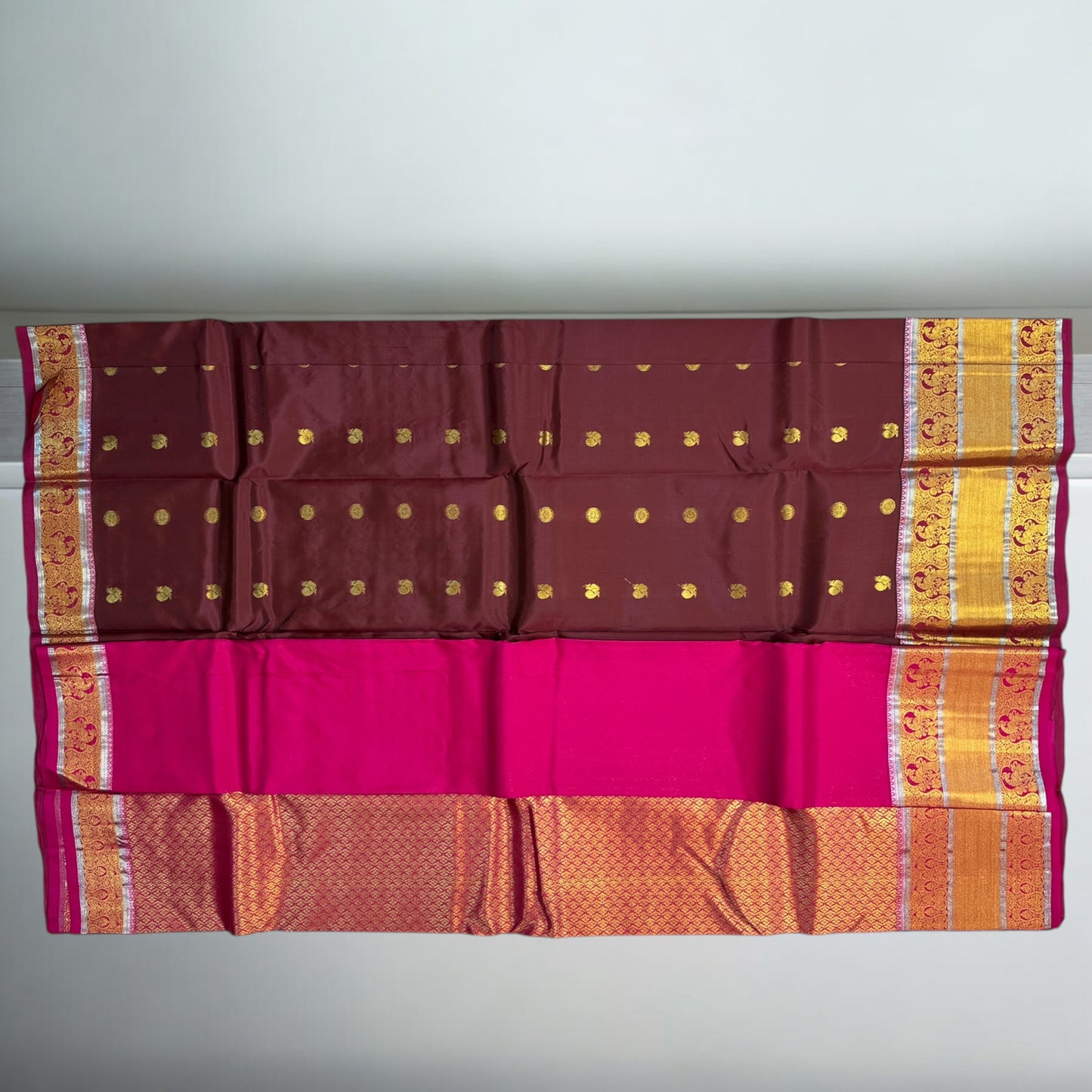 PURE SOFT SILK SAREE – BROWN WITH PEACOCK & DOT BUTTA AND DARK PINK GOLDEN BIG BORDER